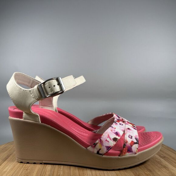 Crocs Leigh II Cross Strap Ankle Wedge Sandals Womens Size 8 Tan Pink - Picture 1 of 7